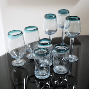 CHOICE - Turquoise Rim Cocktail Glasses, Wine, Poco Grande, Tumblers, Handblown Artisanal Liqueur Cups, Modern Style, Recycled Glass Barware