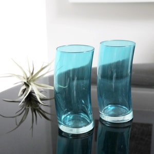 Aqua Blue Tall Modern Glass Tumblers - Set of 2, Nudged Curved Cups, Space Age Minimalist Style, Simple Minimal Glassware