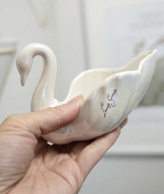 Vintage Small White Iridescent Ceramic Swan Trink… - image 2