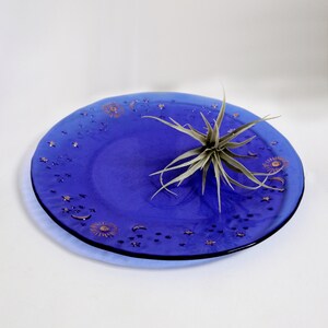 May include: A blue glass plate with a gold star and moon design. A small air plant sits on the plate.