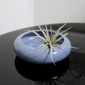 AS IS - Vintage Periwinkle Blue Shallow Ceramic Ikebana Planter, Mid Century Modern, 80s Saucer Vase, Indoor Succulent Pot, Pottery Trinket