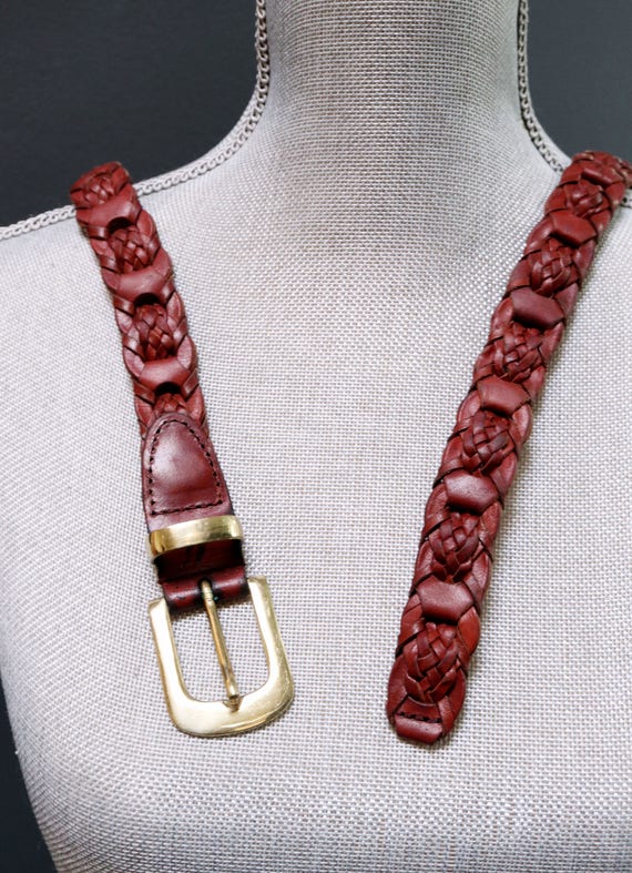 Vintage Brown Braided Leather Belt, Woven Ladder … - image 5