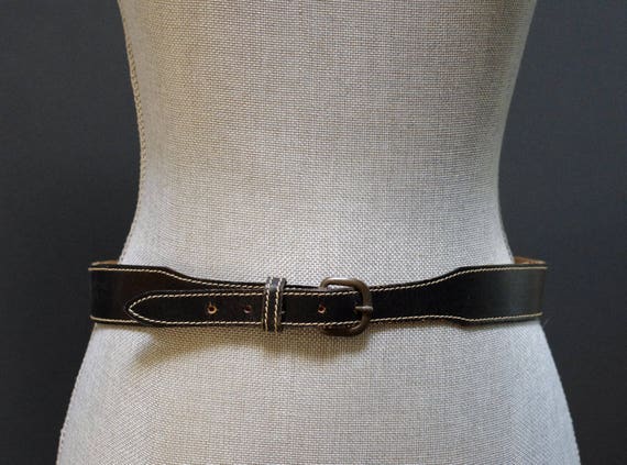 Vintage Black Leather Belt, Contrast Stitch Black 