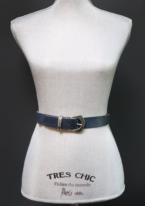 Vintage Navy Blue Reptile Embossed Texture Belt w… - image 2