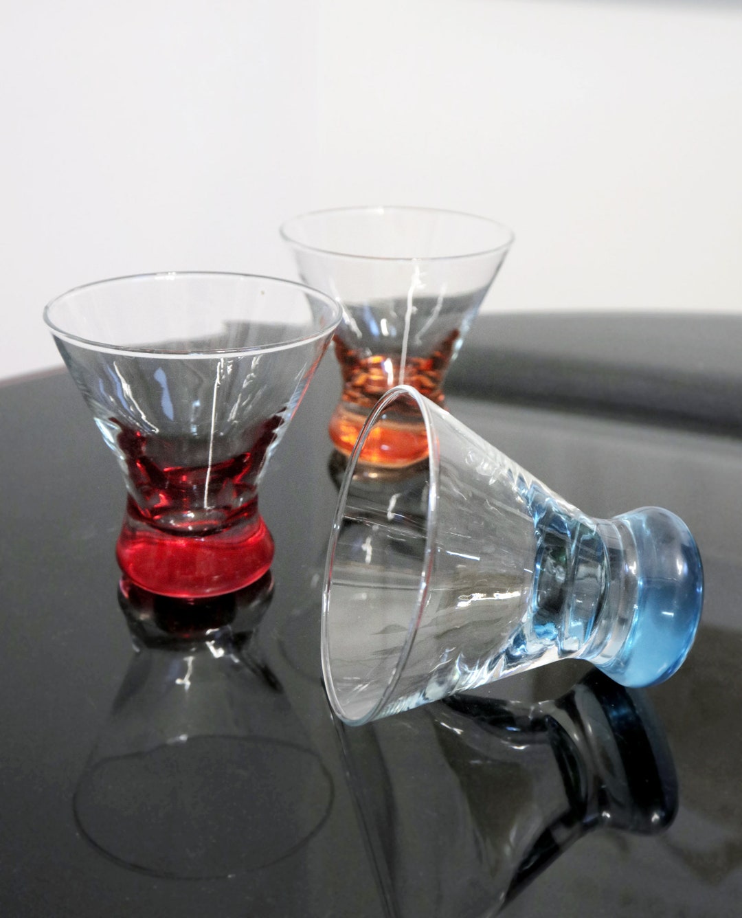 Vintage Stemless Colored Base Martini Glasses Set of 3 in Red, Orange