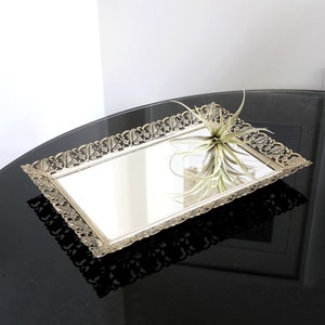 Vintage Rectangular Mirrored Vanity Tray w/ Antiqued Gold Filigree Trim, Glass Makeup Table, Ornate Victorian Style, Old Hollywood Regency