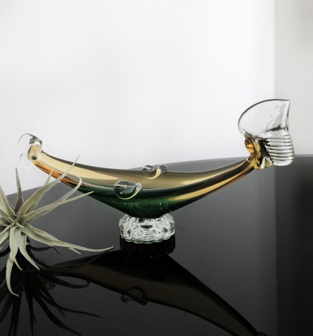 Vintage Murano Art Glass Gondola Ashtray in Honey & Kelly Green