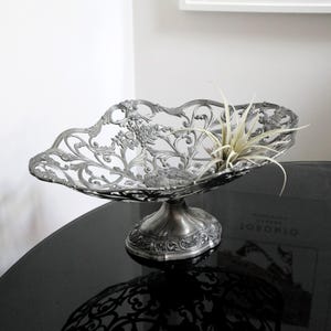 Vintage Silver Tone Filigree Pedestal Bowl w/ Grapevine & Floral Design, Large Decorative Footed Metal Dish, Wedding Table Centerpiece