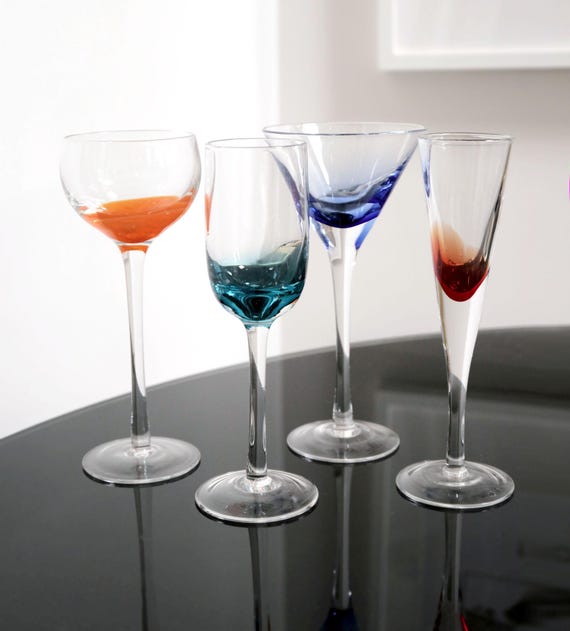 Vintage Multi Colored Base Cordial Glasses - Set of 4, MCM Minimalist Colored Glassware, Modern Style Barware Cups, Cocktail Aperitif Mixed
