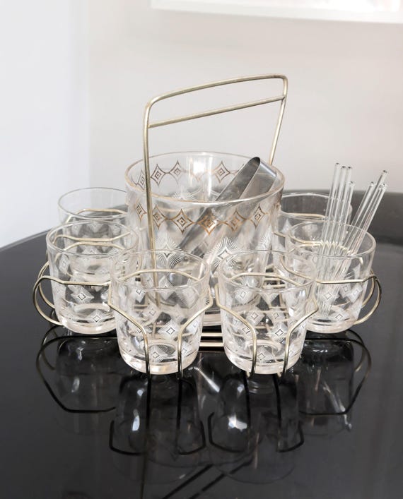 Vintage Jeanette Glass Atomic Cocktail Glasses - Set of 8 W/ Wire