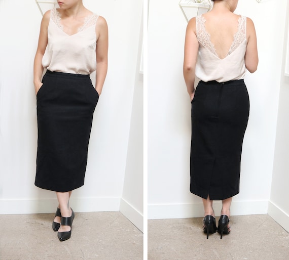 Vintage 80s Long Black Wool Skirt, Long Black Skir