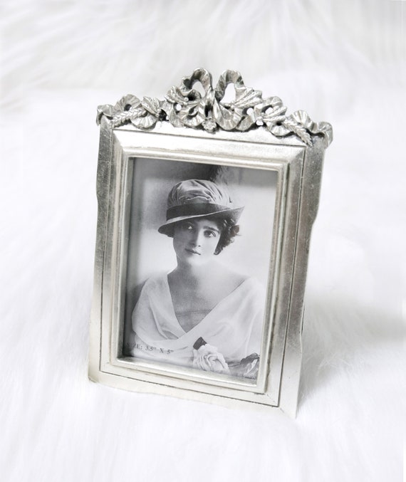 Vintage Small Metallic Silver Picture Frame w/ Raised Ribbon & Floral Swag, Victorian Inspired Reproduction, Tabletop Easel, Vertical Hang