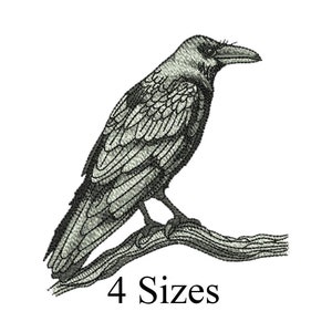 May include: Black and white embroidery design of a crow perched on a branch. The design is available in four sizes.