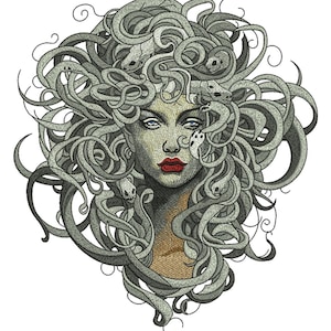 May include: A black and white illustration of a woman with snakes for hair. The text "JacketBack" is below the image.