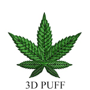 May include: A detailed illustration of a green cannabis leaf with intricate vein patterns. The text "3D PUFF" is displayed in a bold, sans-serif font below the leaf, set against a clean white background. The leaf's texture and shading give it a three-dimensional appearance.