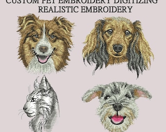 Può includere: Quattro ritratti di animali domestici ricamati: un pastore australiano marrone e bianco, un bassotto marrone e bianco, un gatto Maine Coon nero e bianco e uno schnauzer grigio. I ritratti sono realistici e dettagliati, con le caratteristiche uniche di ogni animale.