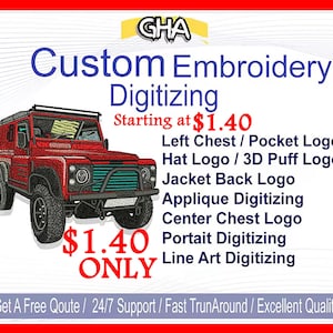 May include: A red off-road vehicle illustration is featured in this image, with the text "Custom Embroidery Digitizing" and a list of services. The text also includes "Starting at $1.40" and "ONLY". Additional text at the bottom reads "Get A Free Quote / 24/7 Support / Fast TurnAround / Excellent Quality."