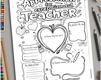Teacher Appreciation Printable Card, Teacher Appreciation Gift, Preschool School Kids Coloring Page