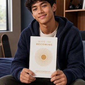 Puede incluir: Un diario guiado de tapa dura blanca titulado WHO I'M BECOMING con un gráfico de rayos de sol dorado en la portada. El texto debajo del sol dice Helping You Feel More YOU A Guided Journal for Tweens and Teens en una fuente dorada.