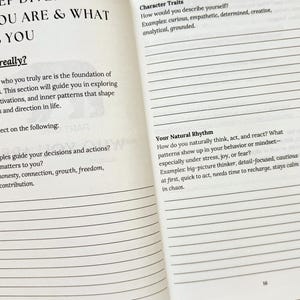 May include: Open book with lined pages and text. The left page reads "STEP DIVE: YOU ARE & WHAT YOU really?" with prompts. The right page has "Character Traits" and "Your Natural Rhythm" prompts.