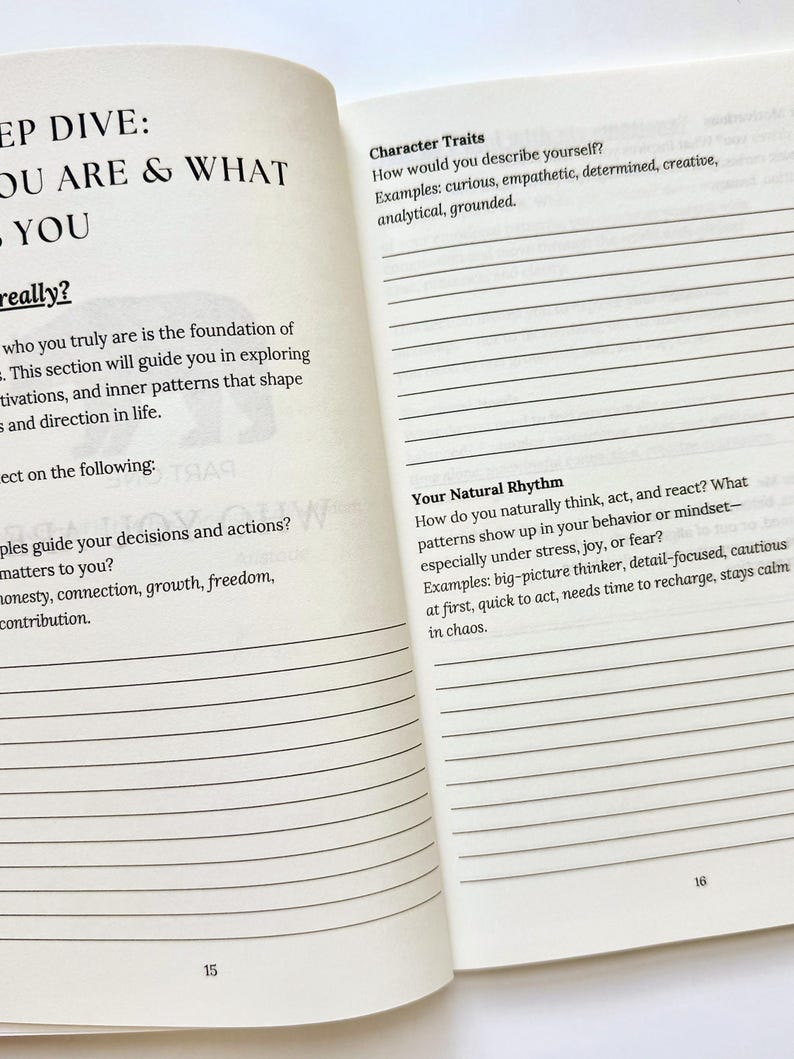 May include: Open book with lined pages and text. The left page reads "STEP DIVE: YOU ARE & WHAT YOU really?" with prompts. The right page has "Character Traits" and "Your Natural Rhythm" prompts.