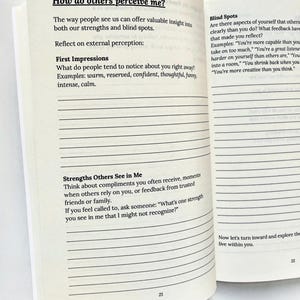 May include: Open journal pages with text: "How do others perceive me?" and prompts for self-reflection. The journal includes sections on first impressions, blind spots, and strengths others see. The pages are white with black text.