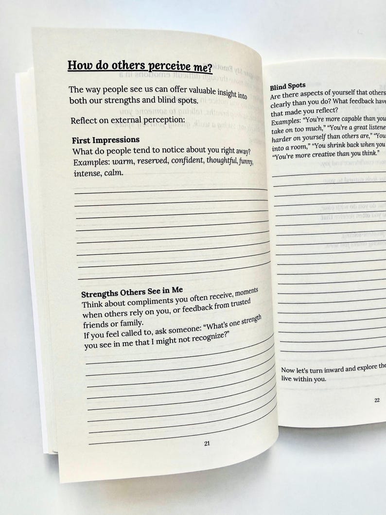 May include: Open journal pages with text: "How do others perceive me?" and prompts for self-reflection. The journal includes sections on first impressions, blind spots, and strengths others see. The pages are white with black text.