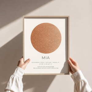 May include: A framed star map print featuring a large copper-colored circle filled with white constellations. Below the circle, the text reads MIA, DECEMBER 7 2025 | 10:01 AM | MIAMI, FL, 25.762° N, 80.192° W, and a quote about light.