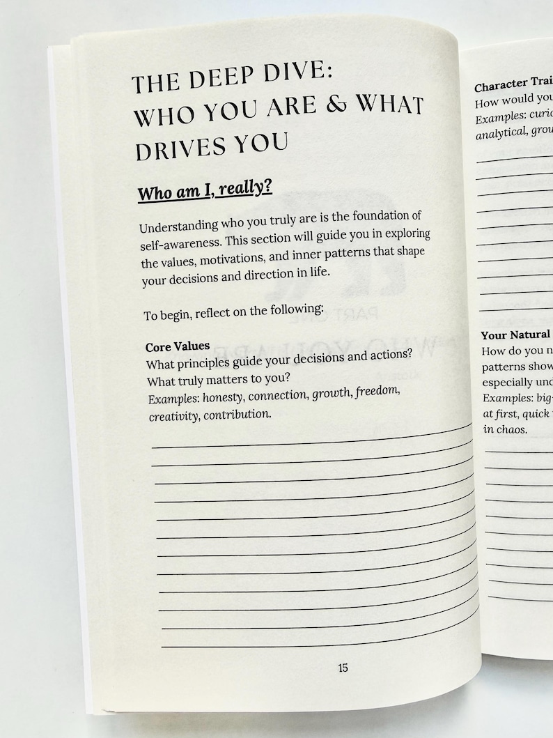 May include: Open book with text: "THE DEEP DIVE: WHO YOU ARE & WHAT DRIVES YOU." The page includes the question "Who am I, really?" and prompts for self-reflection on core values and motivations. The book is open to page 15.