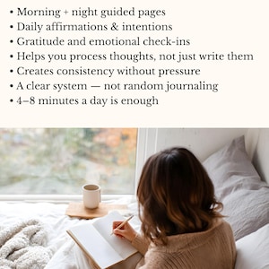 May include: A person writing in an open notebook with a pencil, sitting on a bed near a window. The image includes text that reads "Designed to guide you - every day" and lists features such as guided pages and daily affirmations.