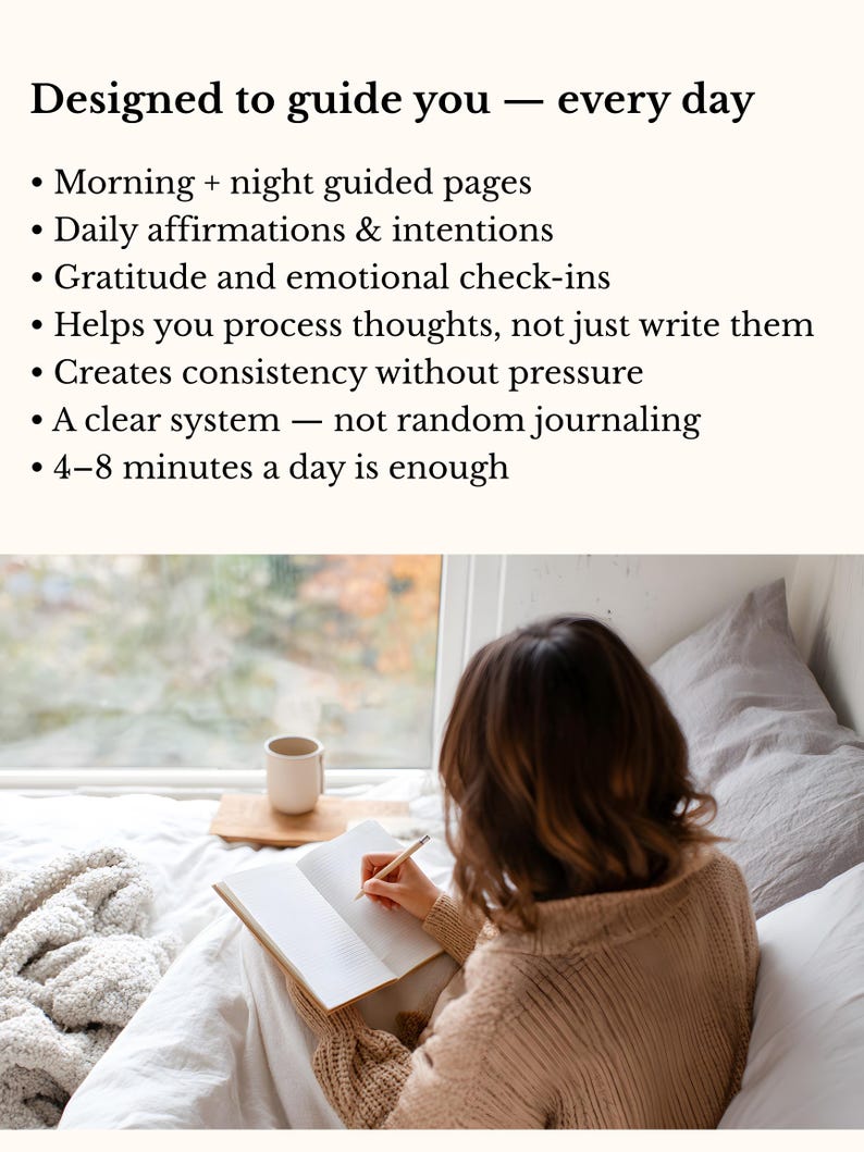 May include: A person writing in an open notebook with a pencil, sitting on a bed near a window. The image includes text that reads "Designed to guide you - every day" and lists features such as guided pages and daily affirmations.
