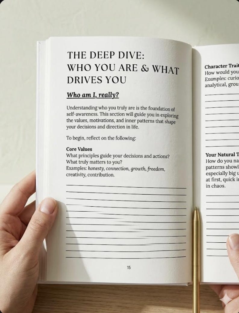 May include: An open book with the title "THE DEEP DIVE: WHO YOU ARE & WHAT DRIVES YOU." The text includes questions about self-awareness and core values. A gold pen rests on the right page. The book is held open by hands.