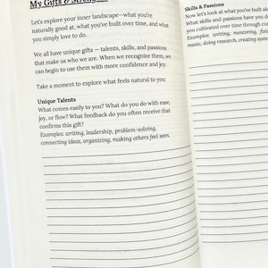 May include: Open journal pages with the title "My Gifts & Strengths" and lined pages for notes. The text encourages self-reflection on talents, skills, and passions. Page 23 is visible at the bottom.