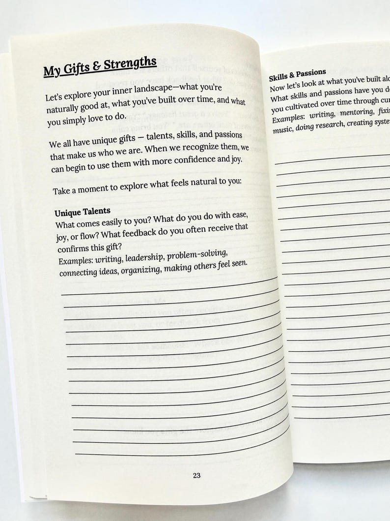May include: Open journal pages with the title "My Gifts & Strengths" and lined pages for notes. The text encourages self-reflection on talents, skills, and passions. Page 23 is visible at the bottom.