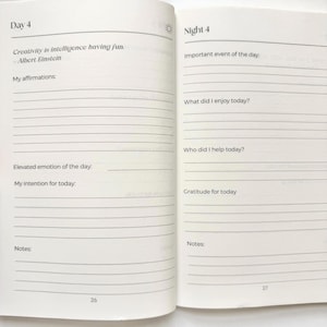 May include: Open journal pages with lined sections for daily reflections. The left page is labelled "Day 4" with a quote by Albert Einstein. The right page is labelled "Night 4" with prompts for the day's events and gratitude.