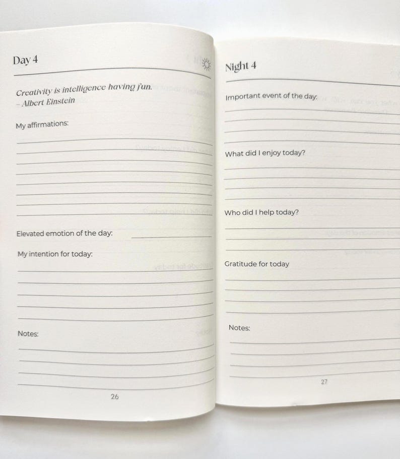 May include: Open journal pages with lined sections for daily reflections. The left page is labelled "Day 4" with a quote by Albert Einstein. The right page is labelled "Night 4" with prompts for the day's events and gratitude.
