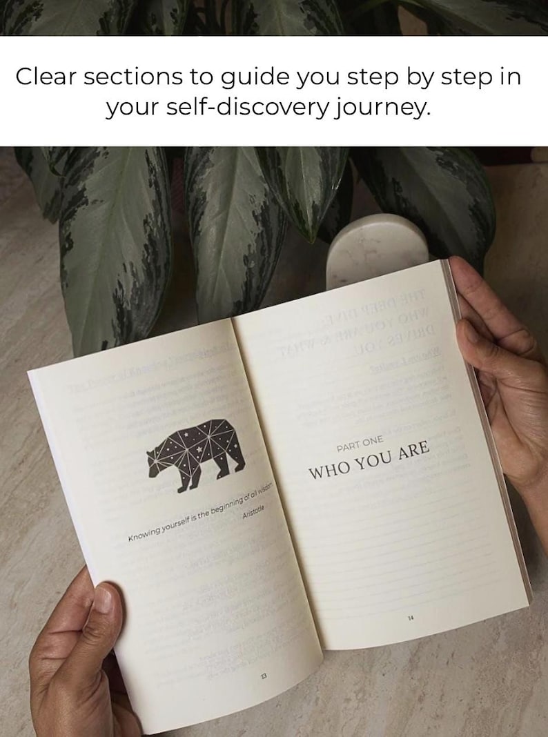 May include: An open book with the text "WHO YOU ARE" and a geometric bear illustration. The book's pages are cream-colored, and the text "Clear sections to guide you step by step in your self-discovery journey" is at the top.