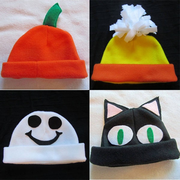 Halloween Hat Sewing Pattern PDF. Pumpkin, Candy Corn, Cat, Ghost.  Child Sizes 0-10 years