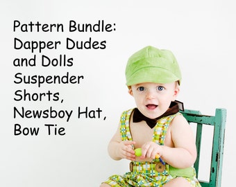 Pattern Bundle: Dapper Dudes and Dolls Suspender Shorts, Newsboy Hat, and Bow Tie PDF Sewing Patterns.