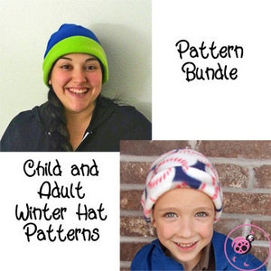 May include: A pattern bundle for making winter hats, featuring two people wearing hats. The woman is wearing a blue and green hat, and the child is wearing a white and blue hat with a baseball pattern. The text "Pattern Bundle" and "Child and Adult Winter Hat Patterns" is visible in the image.