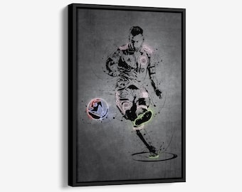 May include: A black and white illustration of a soccer player kicking a ball. The player is wearing a jersey with the number "10" on it. The background is a gray, textured surface with splashes of color.