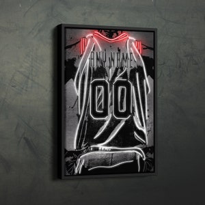 May include: A black and white illustration of a basketball jersey with a neon red outline. The jersey has the text "ANY NAME" and the number "00" on the back.
