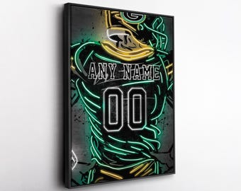 Green Bay Packers Jersey Neon Personalized Jersey Custom Name and Number Canvas Wall Art Home Decor Framed Poster Man Cave Gift