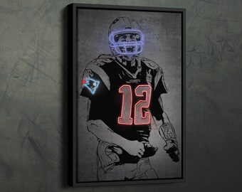 Tom Brady Poster Neon New England Patriots  Canvas Wall Art Home Decor Framed Poster Man Cave Gift