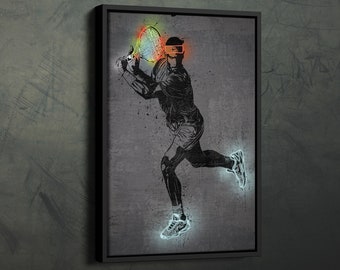 Könnte beinhalten: Eine Schwarzweißillustration eines Tennisspielers im Schwung, mit einem Neon-Grün-, Orange- und Blauglühen um den Spieler und den Tennisschläger.