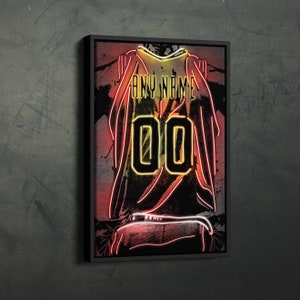May include: A neon sign with a basketball jersey design. The jersey is black with red and yellow neon outlines. The jersey has the text "ANY NAME" and the number "00" on the back.