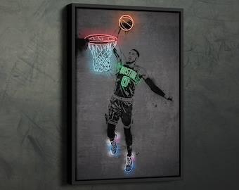 Jayson Tatum Poster Neon Boston Celtics NBA Canvas Wall Art Home Decor Framed Poster Man Cave Gift