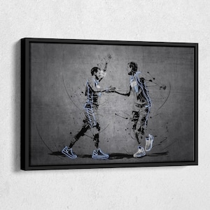 May include: A black and white illustration of two basketball players in action. The players are outlined in blue and are set against a gray background.