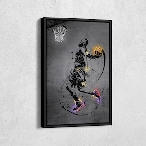 May include: A black and white illustration of a basketball player in mid-air, dunking a basketball. The player is wearing a jersey and shorts, and the basketball is outlined in yellow. The background is a gray, textured surface with black splatters.