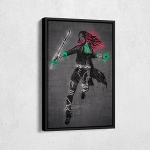 May include: A digital art print of a female superhero with green skin and red hair, holding a weapon. The background is a dark gray with a splatter effect. The superhero is outlined in neon green and pink.